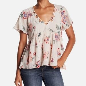 Lucky Brand Cream Floral Peplum Blouse with Pink & Green Blooms